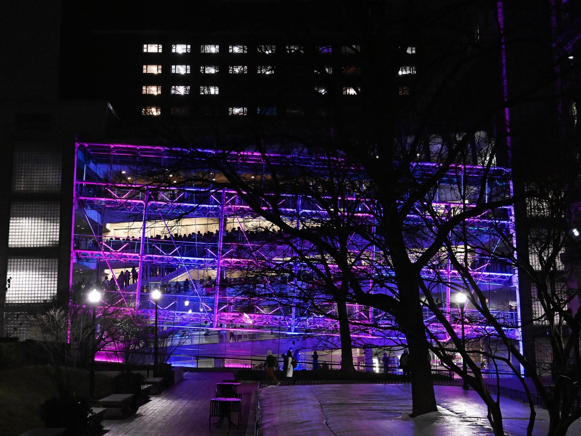 Outside of Lerner Hall lit for Glass House Rocks event