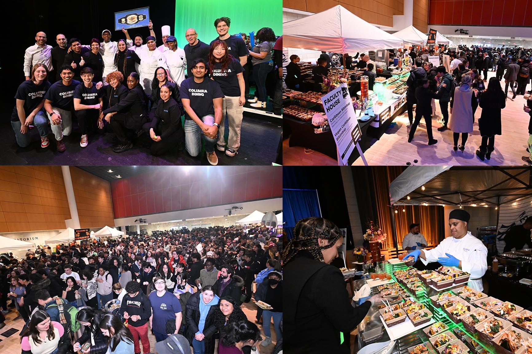 Collage of 4 photos from 2023 Battle of the Dining Halls: Top left photo of the 2023 winners on stage at the event, bottom left photo of Lerner Hall filled with students from the events, top right photo of students sampling food at the event, bottom right Columbia Dining staff and students at the event