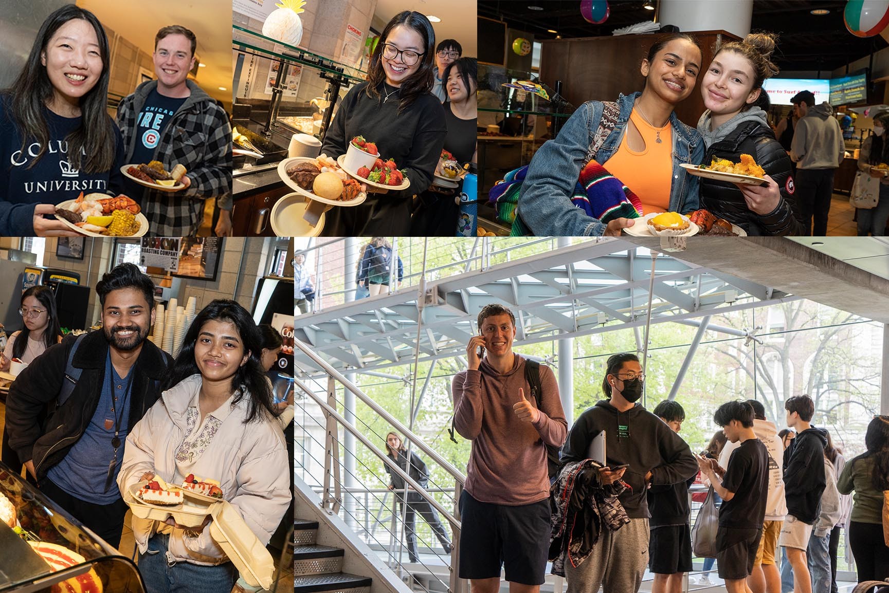 5 photo collage of students enjoying surf and turf in Lerner Hall