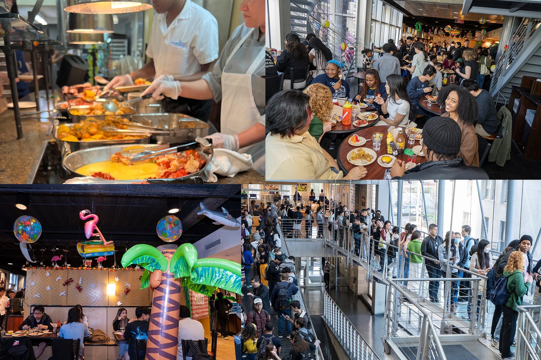 4 photo collage: top left, surf and turf served by amazing Columbia staff, bottom left dining hall in Lerner decorated with inflatable flamingos, sharks, and palm trees, top right students enjoying surf and turf in Lerner Hall, bottom right students lined up in Lerner Hall