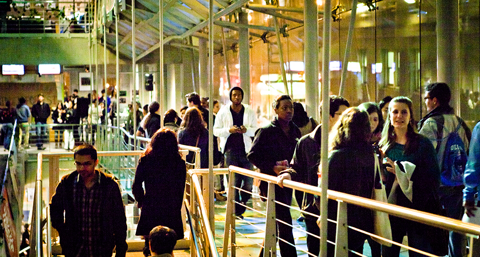 Students on a busy ramp in Lerner Hall